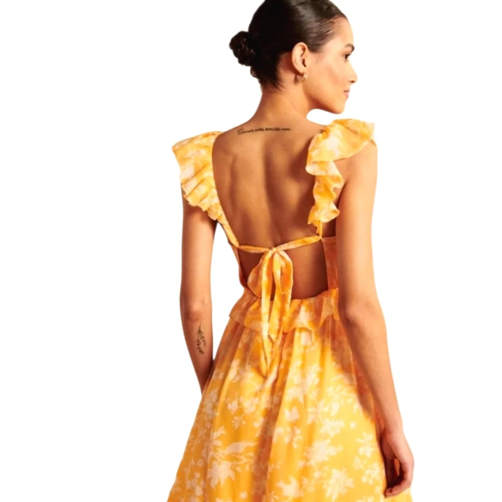 Nwot Abercrombie & Fitch Orange/White Floral Ruffle Bodice Tie Back Maxidress